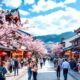 Traditional Japanese street with cherry blossoms and locals.