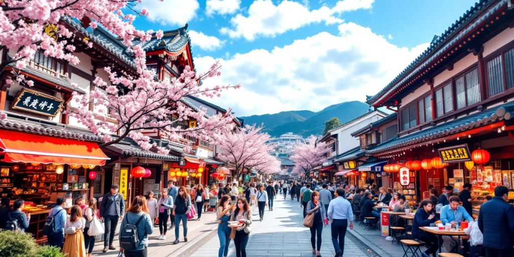 Traditional Japanese street with cherry blossoms and locals.