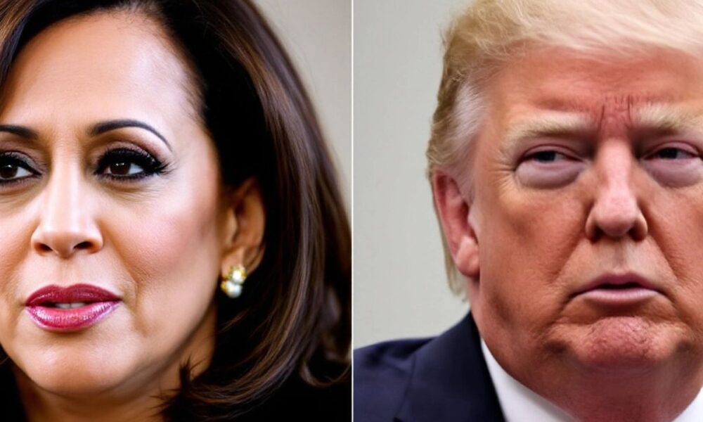 Kamala Harris and Donald Trump facing each other, serious expressions.