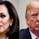 Kamala Harris and Donald Trump facing each other, serious expressions.