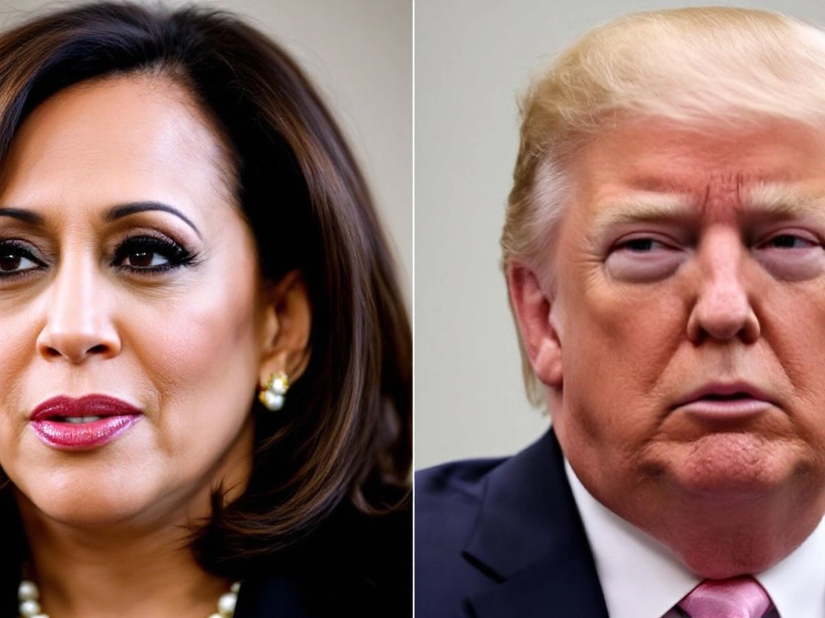 Kamala Harris and Donald Trump facing each other, serious expressions.