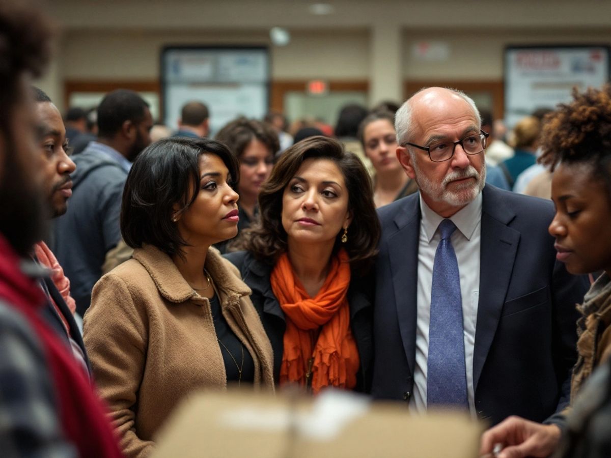 Republican poll watchers observing voters in a busy polling station.