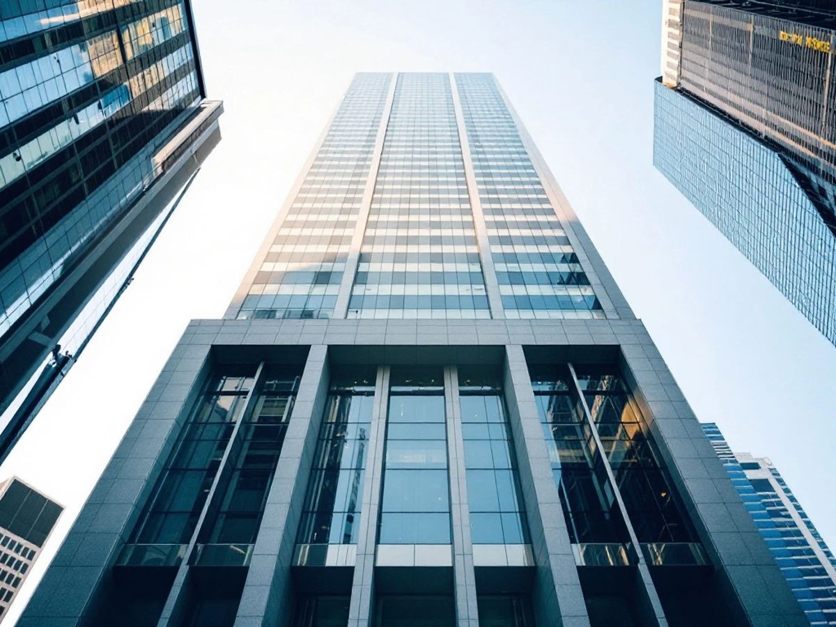 Modern bank building in a bustling cityscape.