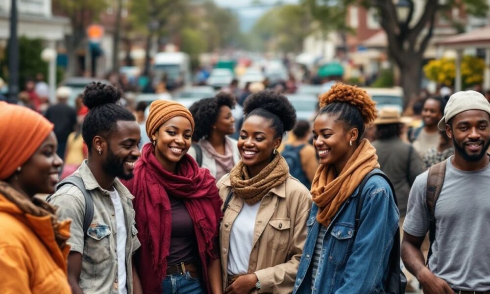 Group of African migrants in a small town street.