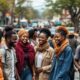 Group of African migrants in a small town street.