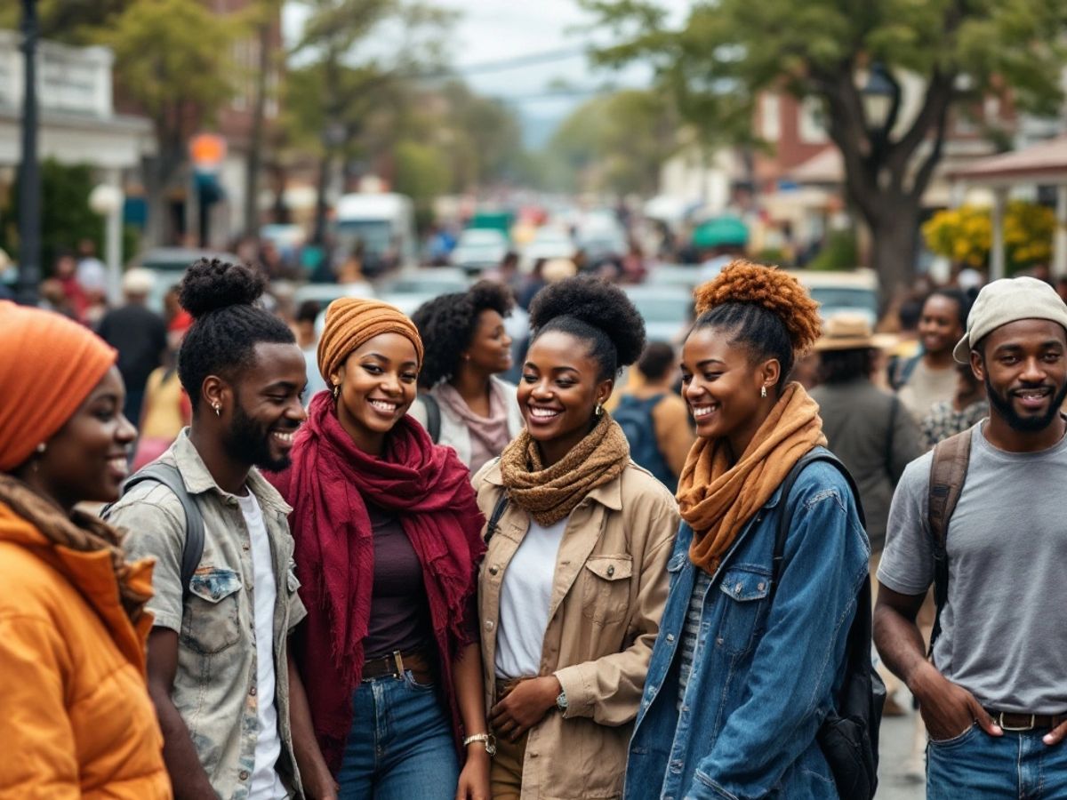 Group of African migrants in a small town street.