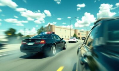 Car chase near school with police vehicles in pursuit.