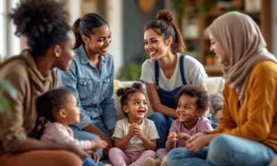 Social workers assisting migrant families in a community setting.