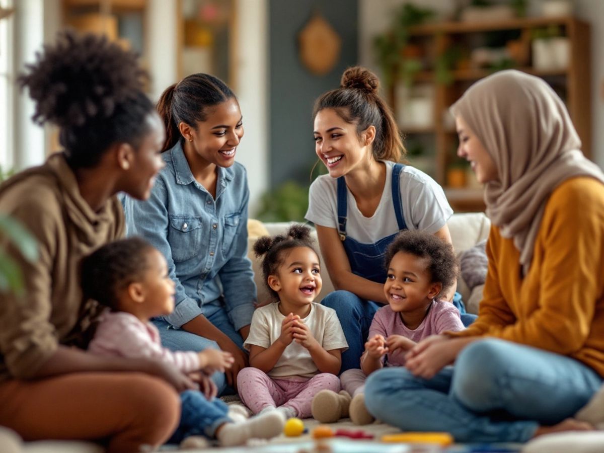 Social workers assisting migrant families in a community setting.