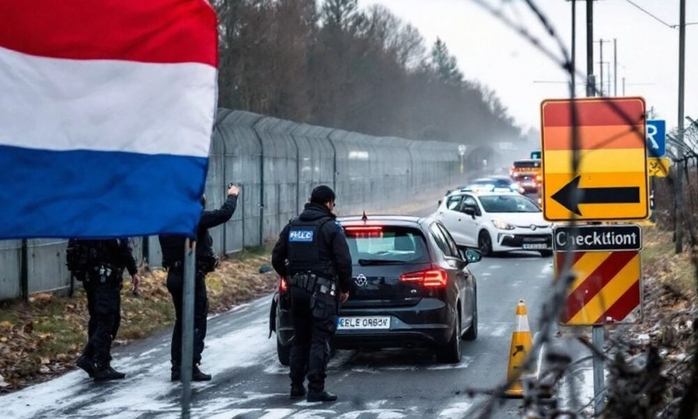 Border patrol officers at a checkpoint with flags.