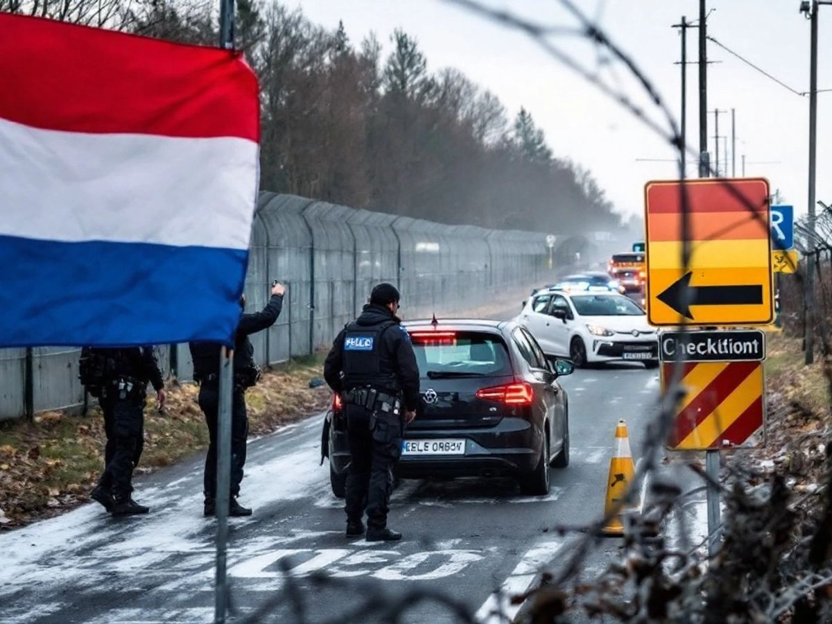 Border patrol officers at a checkpoint with flags.