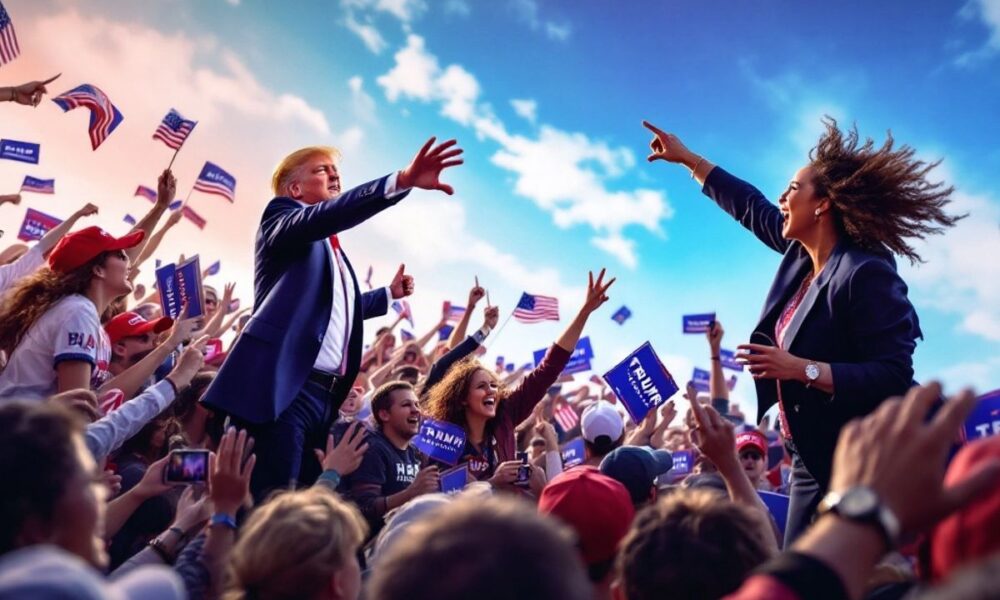 Trump and Harris interacting with campaign supporters at rallies.