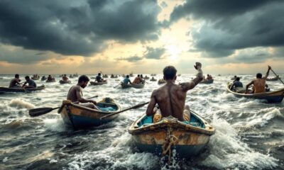 Small boats in turbulent waters during a cloudy sky.