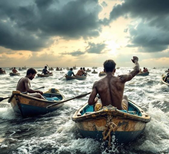 Small boats in turbulent waters during a cloudy sky.