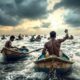 Small boats in turbulent waters during a cloudy sky.