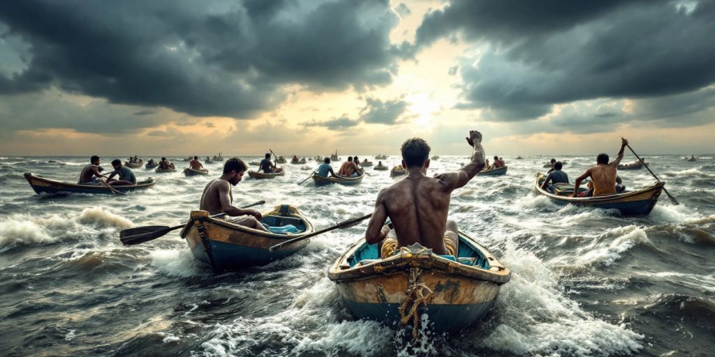 Small boats in turbulent waters during a cloudy sky.