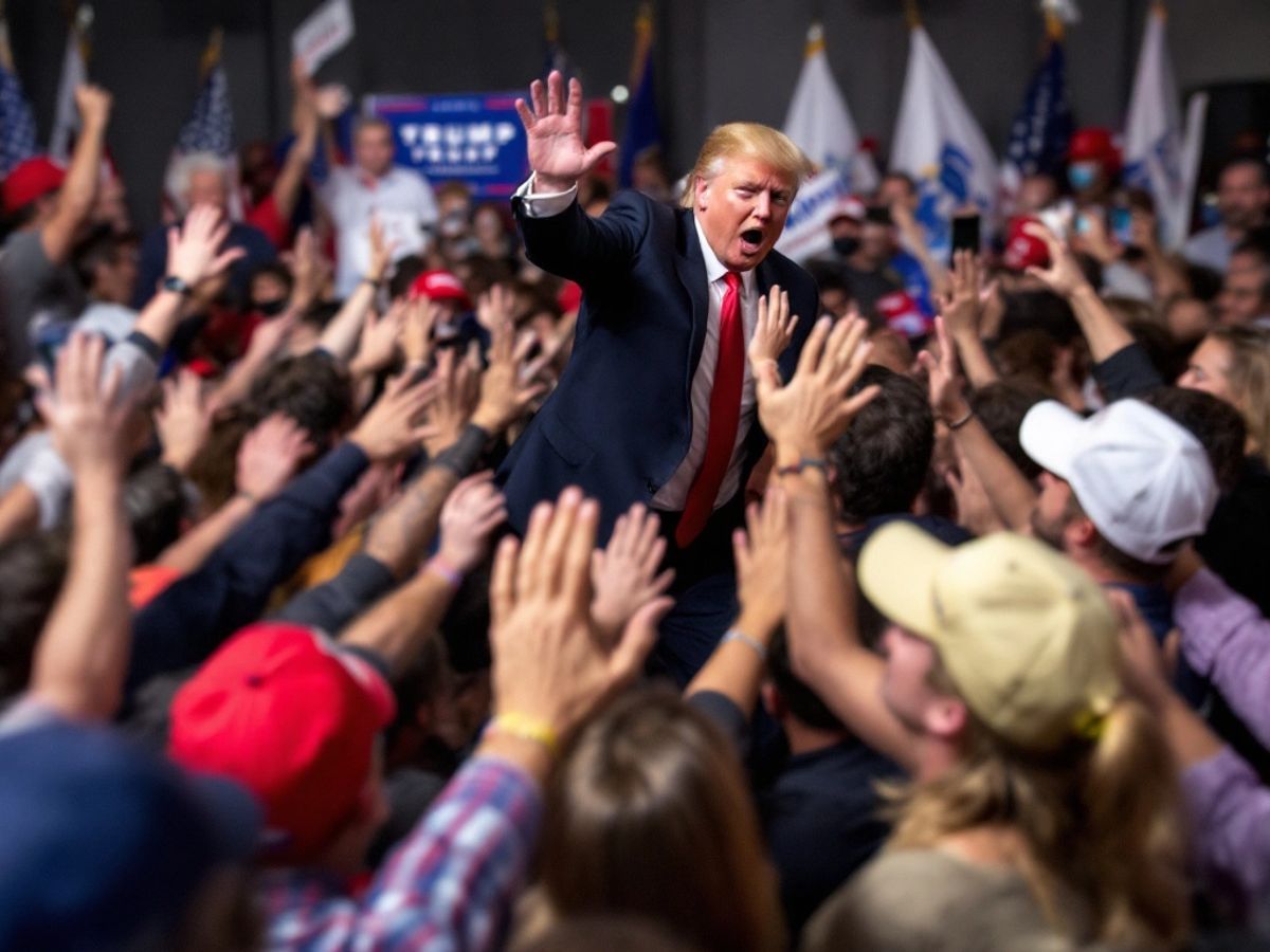 Divided crowd at a Trump campaign rally.