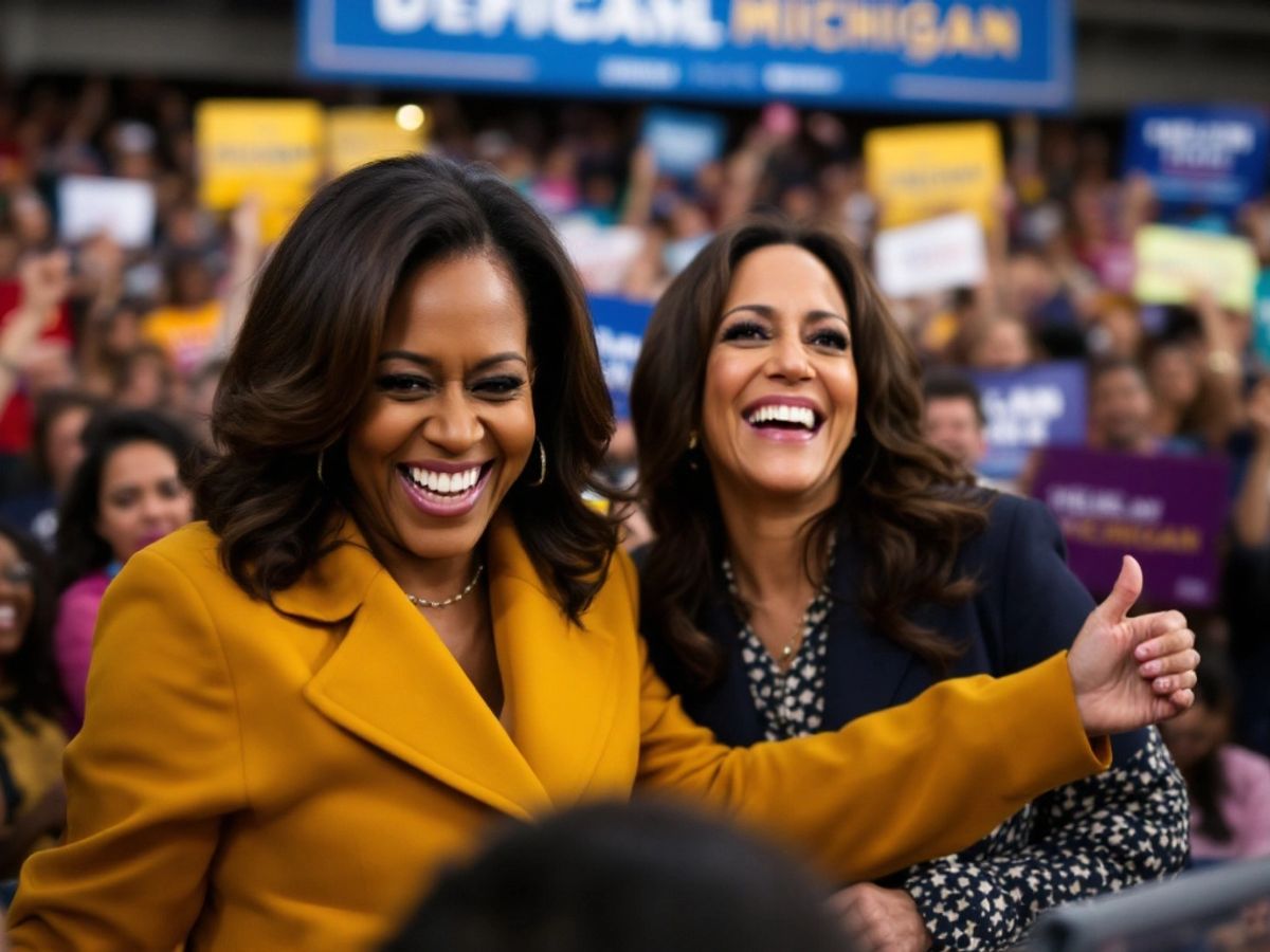 Michelle Obama and Kamala Harris smiling at rally.