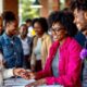 Diverse voters at a polling station, engaging in democracy.