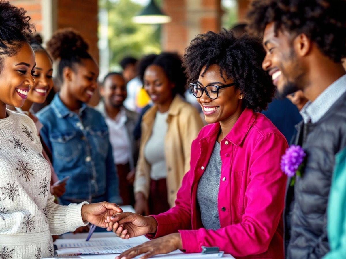 Diverse voters at a polling station, engaging in democracy.