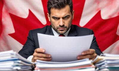 Immigration officer with Canadian flag background.