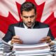 Immigration officer with Canadian flag background.