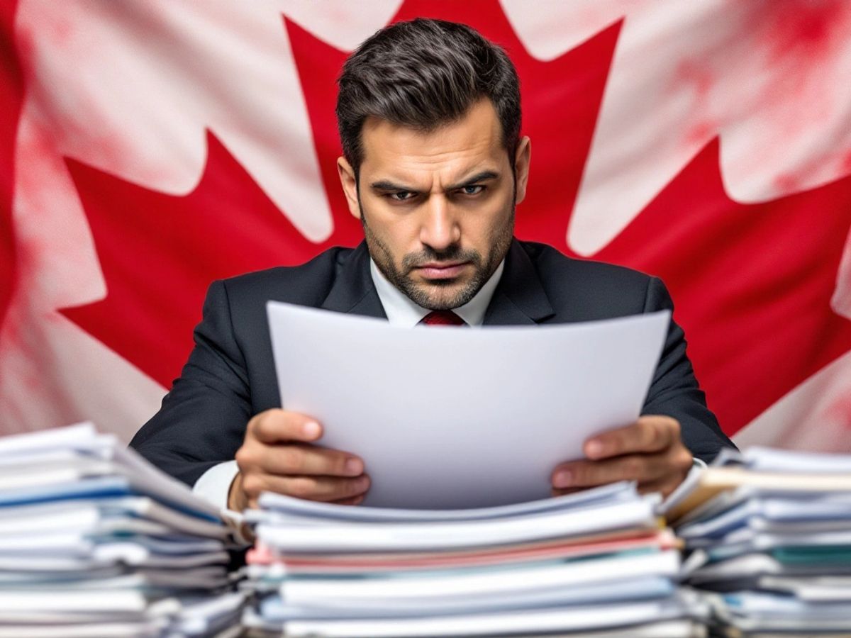 Immigration officer with Canadian flag background.