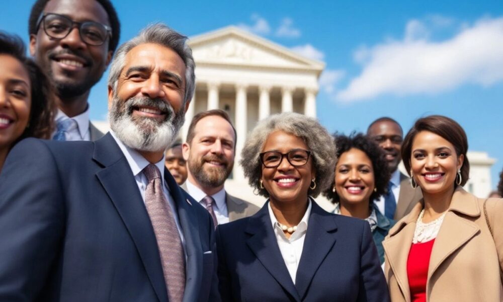 Diverse lawmakers united in front of a government building.