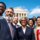 Diverse lawmakers united in front of a government building.