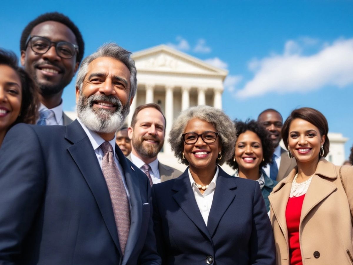 Diverse lawmakers united in front of a government building.