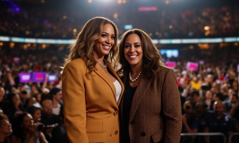 Beyoncé and Kamala Harris at Houston rally with crowd.