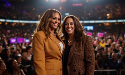 Beyoncé and Kamala Harris at Houston rally with crowd.