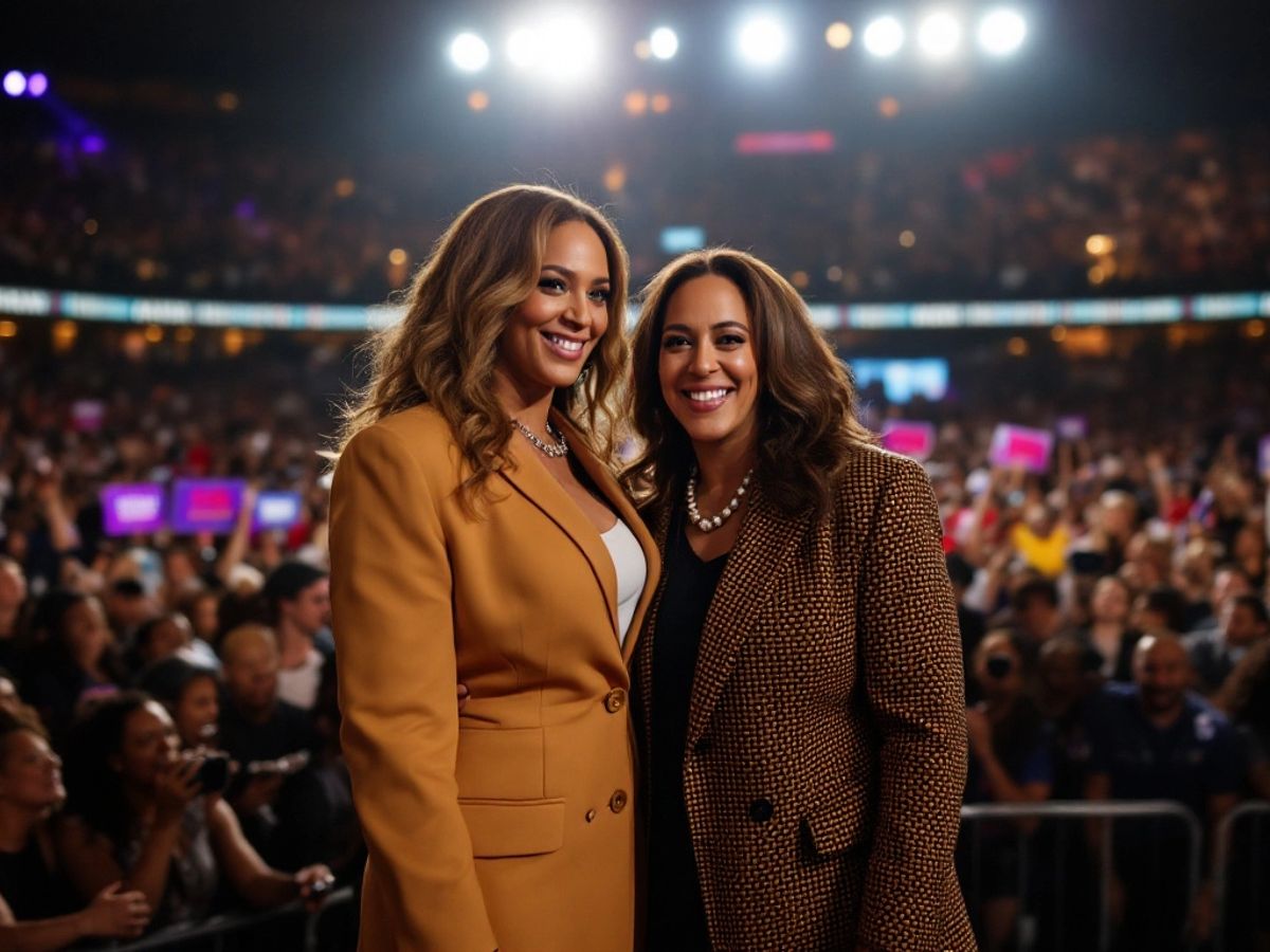 Beyoncé and Kamala Harris at Houston rally with crowd.