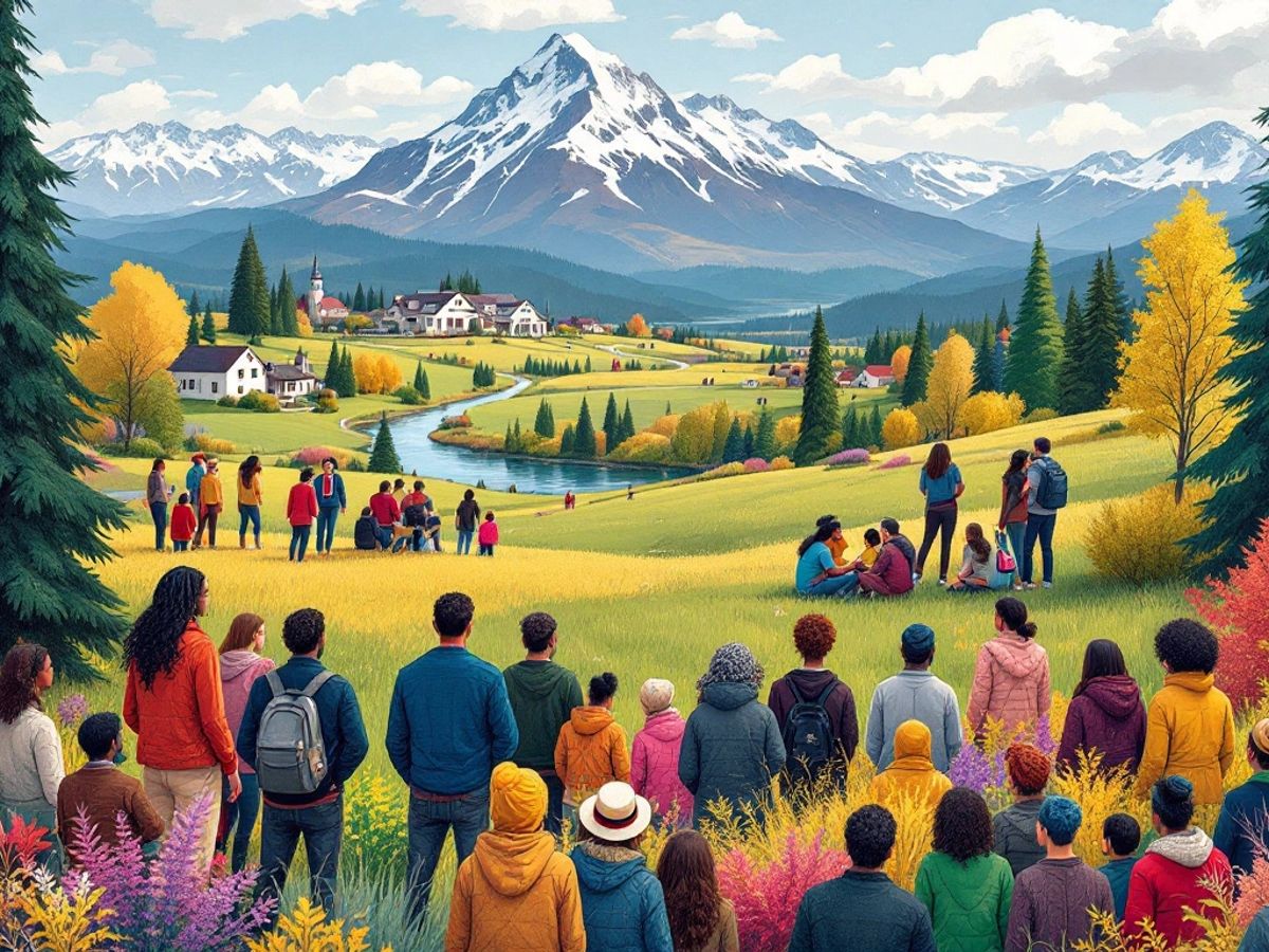 Diverse group of people in a Canadian landscape.