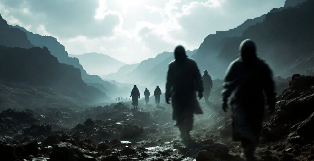 Blurred figures navigating rugged terrain near a border.