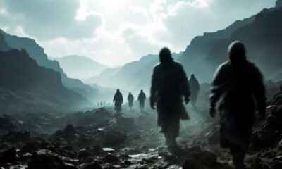 Blurred figures navigating rugged terrain near a border.