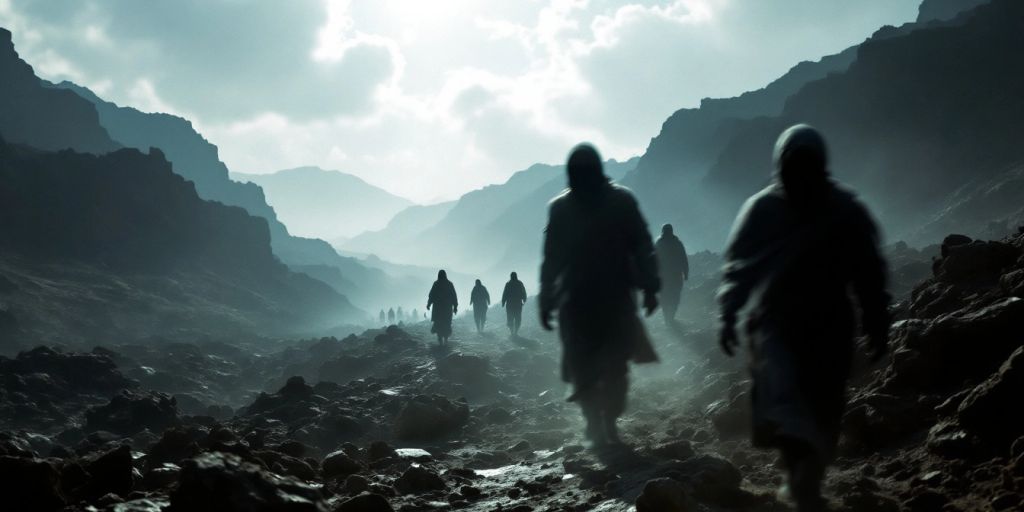 Blurred figures navigating rugged terrain near a border.