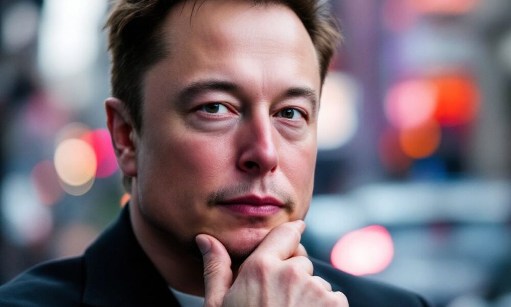 Elon Musk deep in thought, urban backdrop blurred.