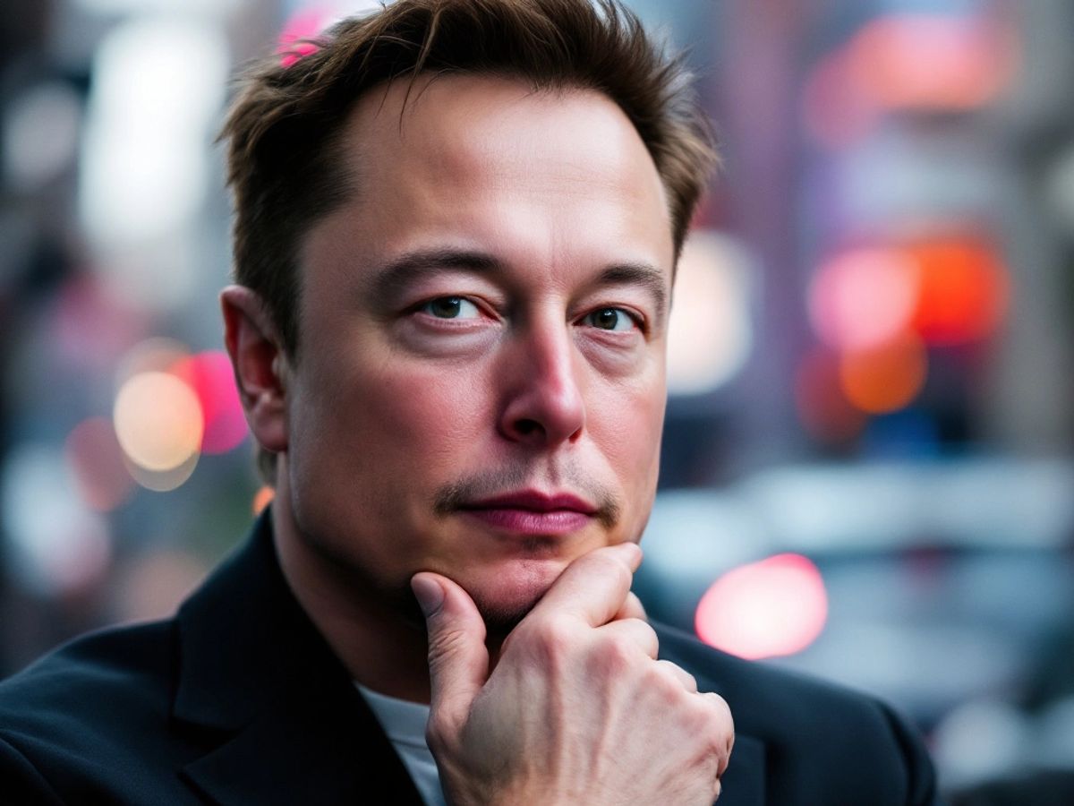 Elon Musk deep in thought, urban backdrop blurred.