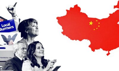 Political campaign imagery with U.S. and Chinese elements.