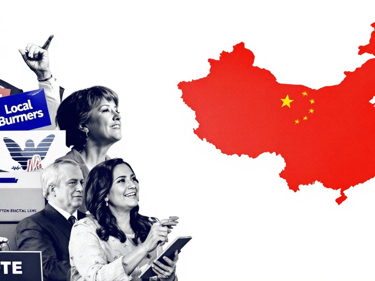 Political campaign imagery with U.S. and Chinese elements.