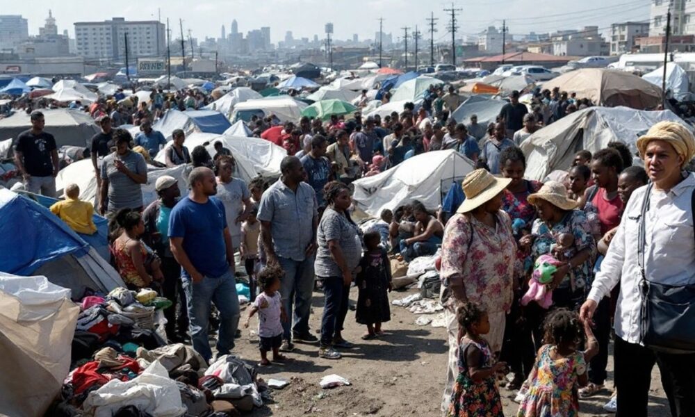 Displaced Haitian families in a crowded tent city.