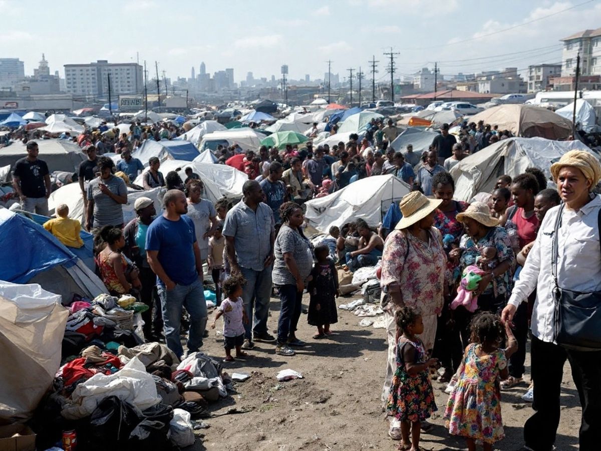 Displaced Haitian families in a crowded tent city.