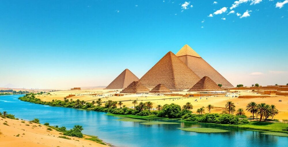 Great Pyramids of Giza and the Nile River.