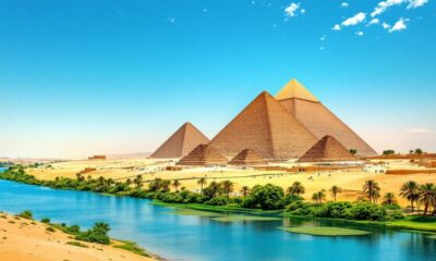 Great Pyramids of Giza and the Nile River.