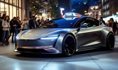 Tesla robotaxi in an urban environment with onlookers.