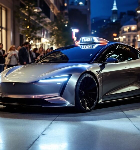 Tesla robotaxi in an urban environment with onlookers.