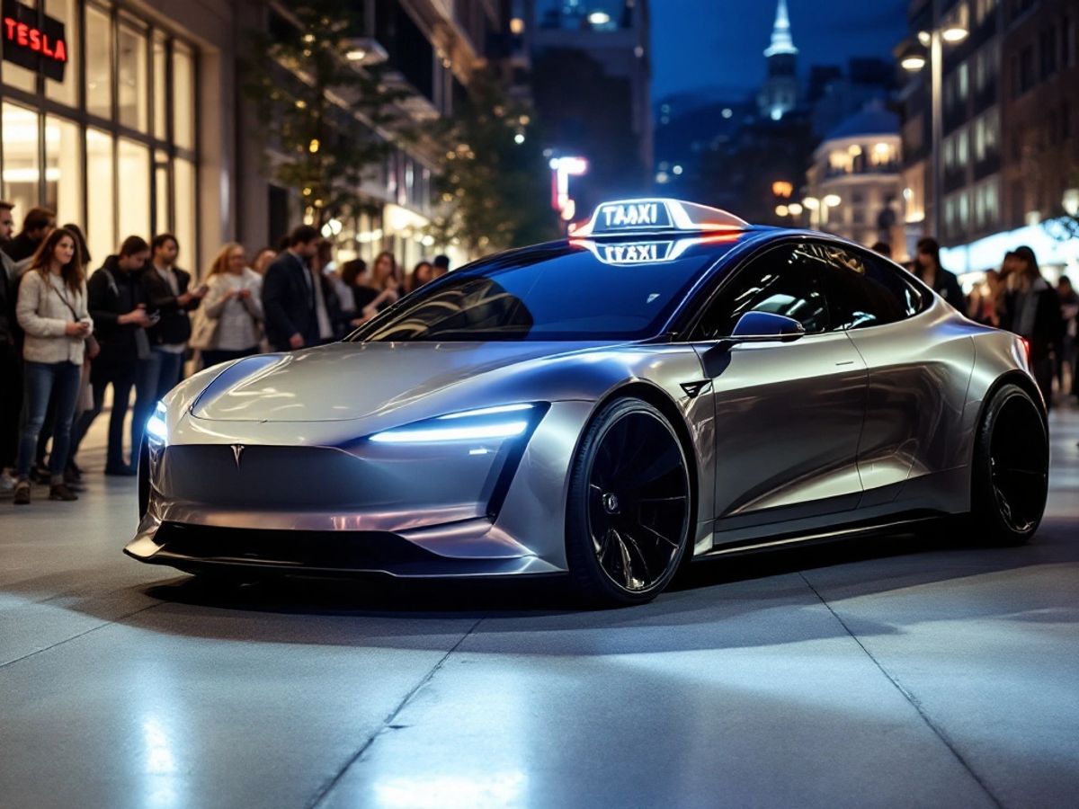 Tesla robotaxi in an urban environment with onlookers.