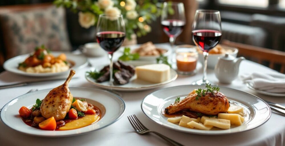 Elegant table set with French cuisine and wine.