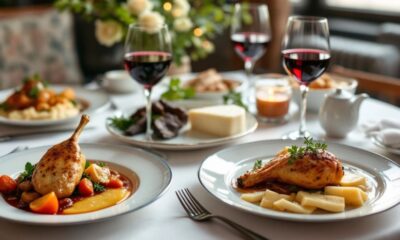 Elegant table set with French cuisine and wine.